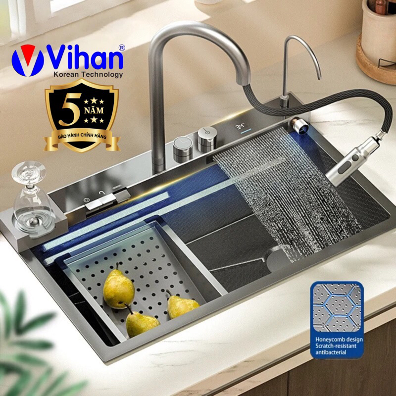 Chậu rửa chén bát 1 hố lớn vòi thác liền khối 3 chế độ CÓ VÒI RO - HOT 2023 bồn rửa chén thông minh hiển thị nhiệt độ