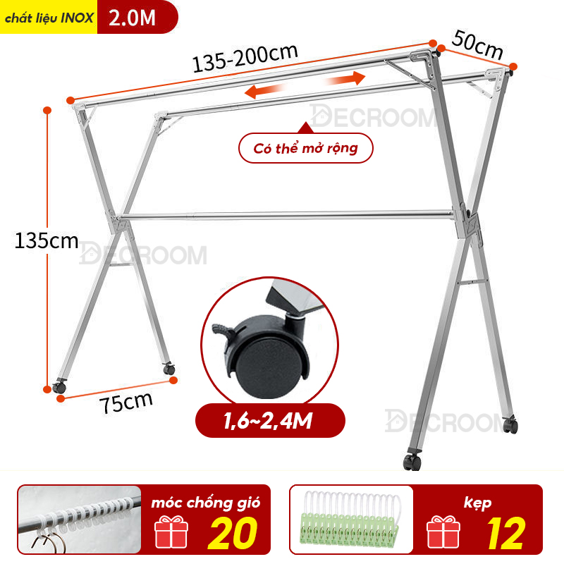 DECROOM Giàn Phơi Quần Áo Thông Minh, Sào Phơi đồ Inox Gấp gọn kiểu dáng giá phơi đồ có bánh xe tặng 20 móc treo cố định Xào Phơi Quần áo