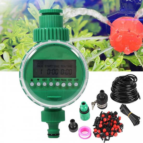 Combo bộ tưới cây tự động gồm 30 đầu tưới nhỏ giọt, 25m dây dẫn nước, 01 đồng hộ đặt thời gian tưới tự động và phụ kiện.