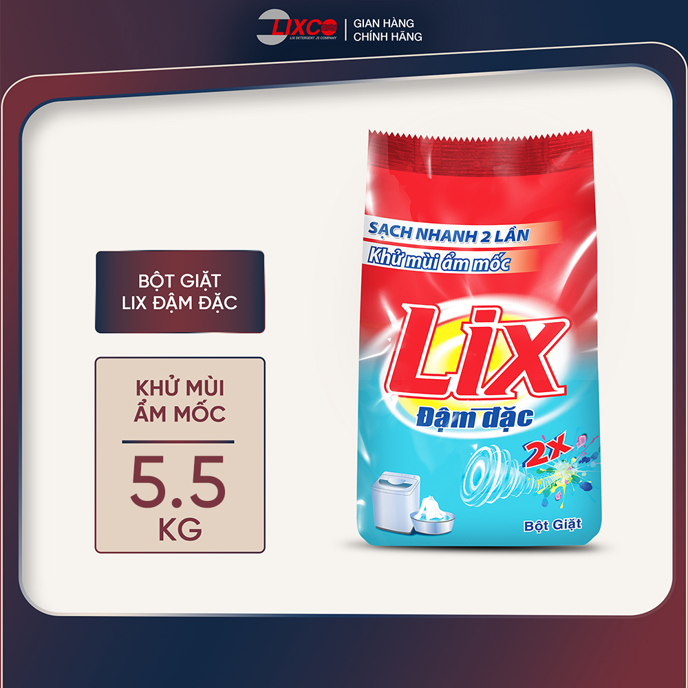 Bột giặt Lix Extra đậm đặc 5,5Kg ED557 gấp đôi sức mạnh làm sạch mọi vết bẩn cứng đầu khử mùi ẩm mốc cho giặt tay và máy - Lixco Việt Nam