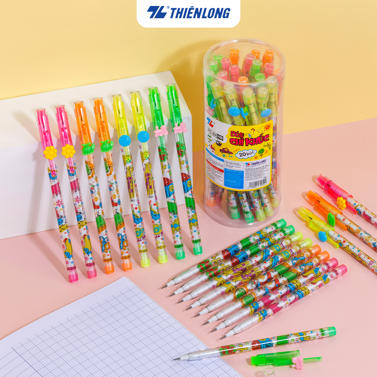  Combo 20 Bút chì khúc Thiên Long PC-09 - Bút chì thay ngòi màu đậm hoạ tiết dễ thương có gôm trên nắp an toàn sử dụng  Giao màu ngẫu nhiên  