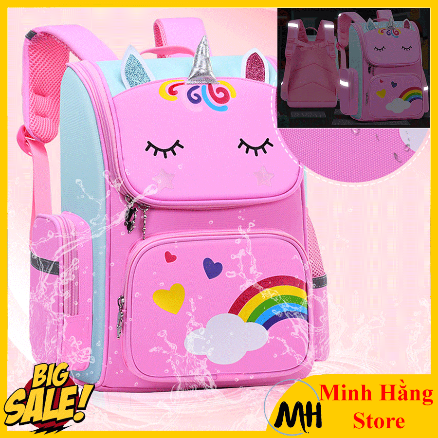 [ĐỦ SIZE CHO BÉ CẤP 1,2] Balo cho bé gái chất xịn hình kì lân siêu đẹp dễ thương cho bé đi học, cặp sách chống thấm nước có phản quang