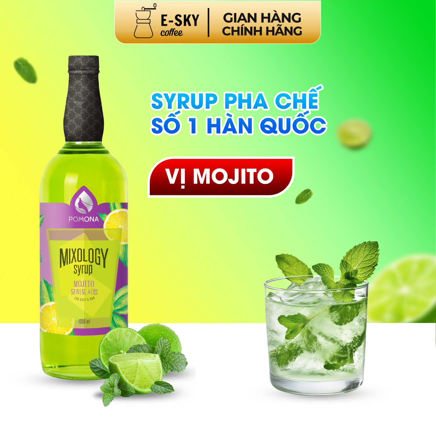 Siro Mojito Pomona Mojito Syrup Nguyên Liệu Pha Chế Hàn Quốc Chai Thủy Tinh 1 lít