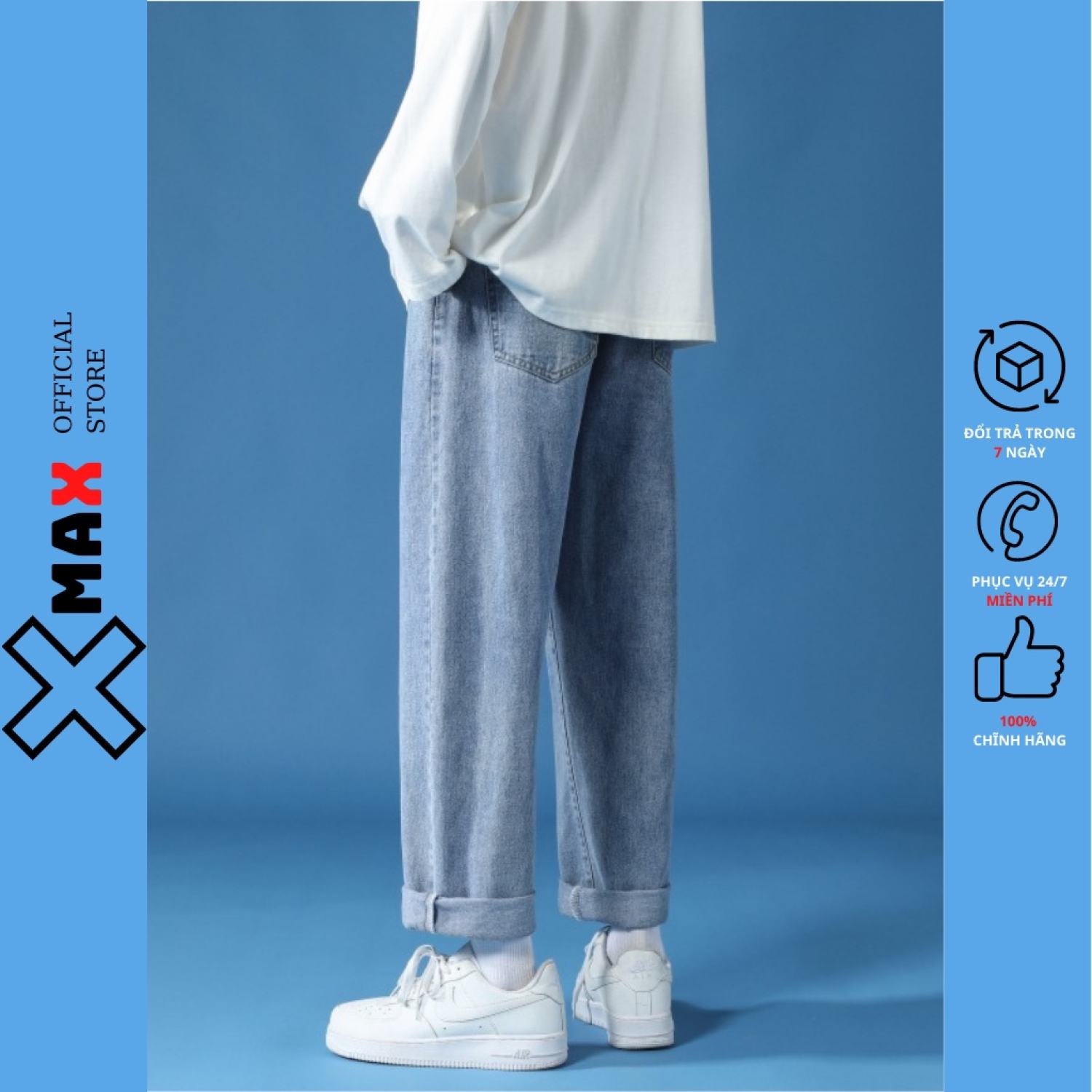 Quần jean nam ống rộng, baggy dáng suông phong cách Hàn Quốc, Quần bò nam ống suông hottrend B001-5