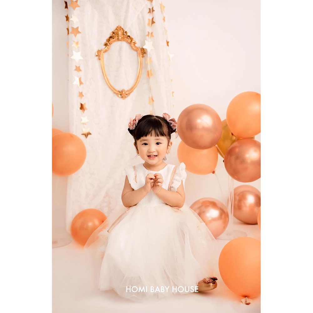 Váy công chúa cho bé gái Homi Baby House đầm cho bé trắng hồng 2 nơ bông đi tiệc đi chơi
