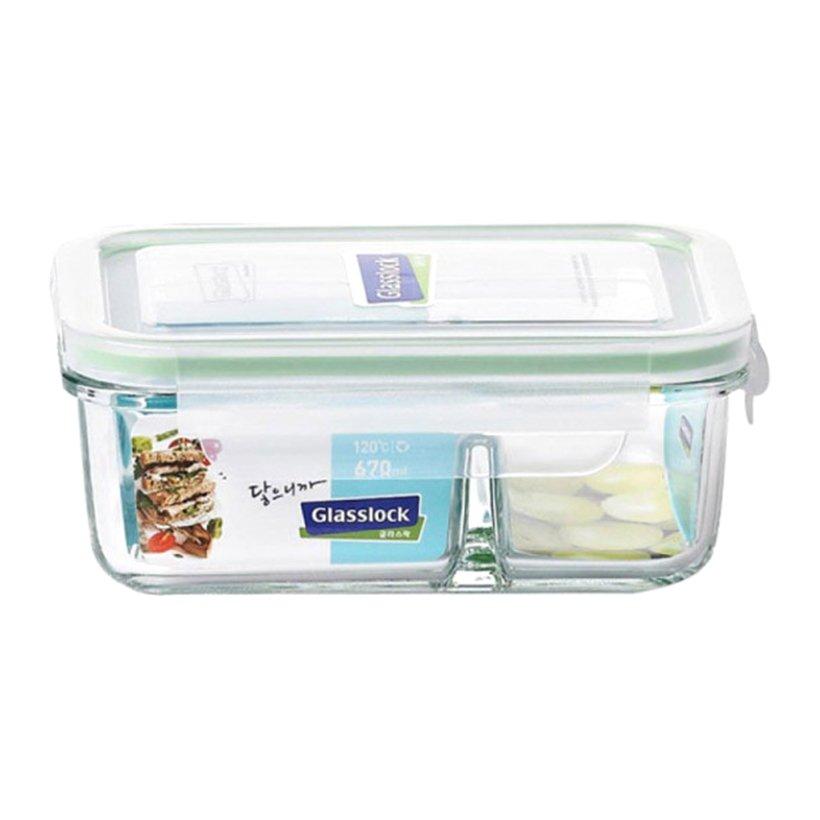 Hộp thủy tinh cường lực có chia ngăn hình chữ nhật 670ml, tiện dụng, kín hơi - Made in Korea