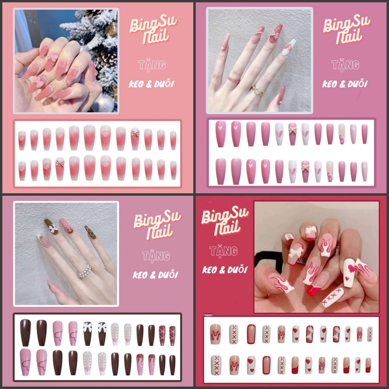 Set hộp 24 móng tay giả , móng tay giả mẫu nâu Hàn siêu xinh