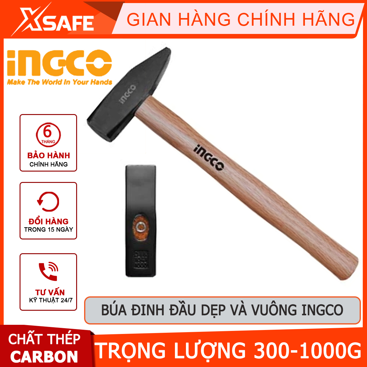 Búa đinh đầu dẹp và vuông cán gỗ INGCO | búa tay cầm gỗ Trọng lượng: 300g-1kg Tay cầm bằng gỗ cứng dùng để gò các dụng cụ bằng kim loại, đóng đinh, nhổ đinh,…