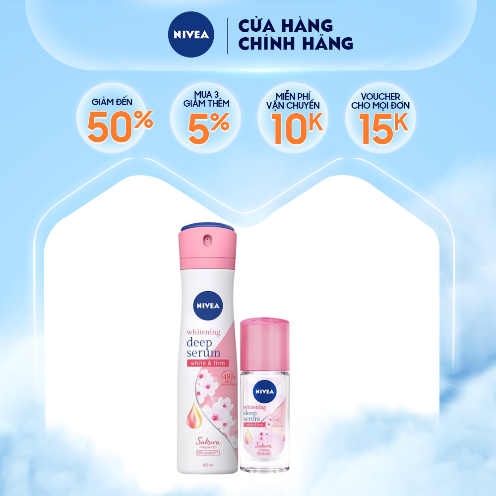 Combo Xịt ngăn mùi 150ml và Lăn ngăn mùi Nivea serum trắng mịn hương hoa Sakura 40ml