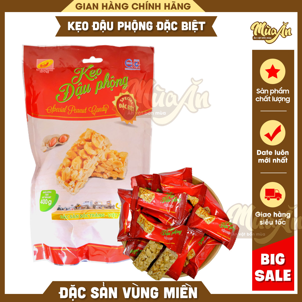 Kẹo đậu phộng đặc biệt, kẹo thèo lèo giòn thơm Tân Huê Viên 400g,kẹo đậu phộng mạch nha bao bì mới