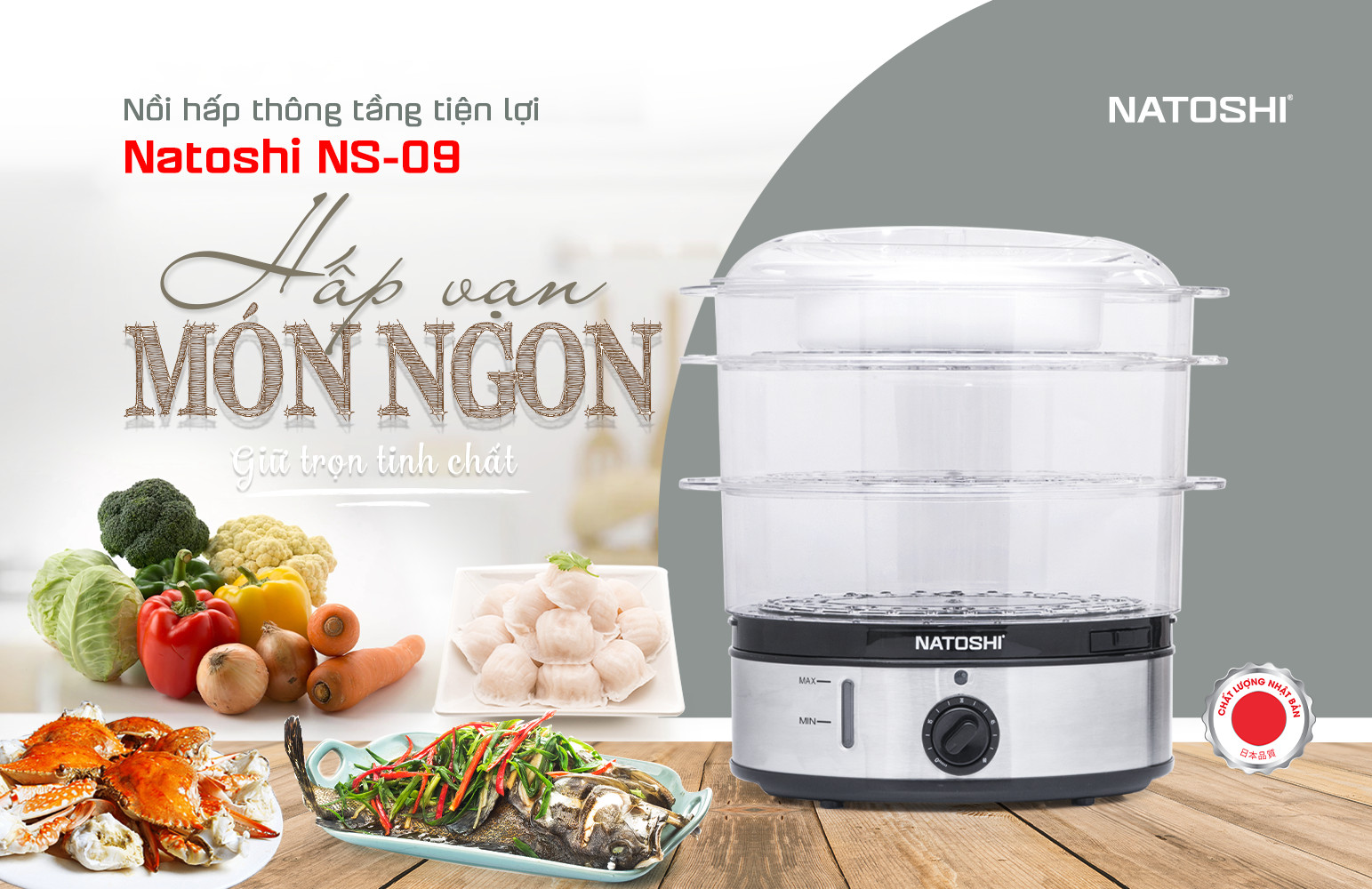 Nồi hấp thông tầng, nồi điện hấp 3 tầng natoshi, nồi hấp thông tầng đa năng Natoshi NS-09 dung tích 9L hàng chính hãng