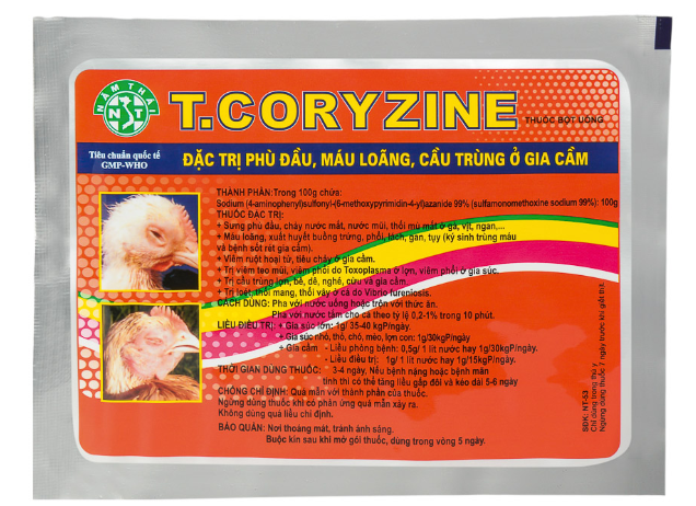 NĂM THÁI  TCORIZIN 100g bệnh phù đầu, máu loãng, đầu đen, cầu trùng ở gia cầm, viêm teo mũi, tiêu chảy, viêm ruột hoại tử ở lợn và gia súc