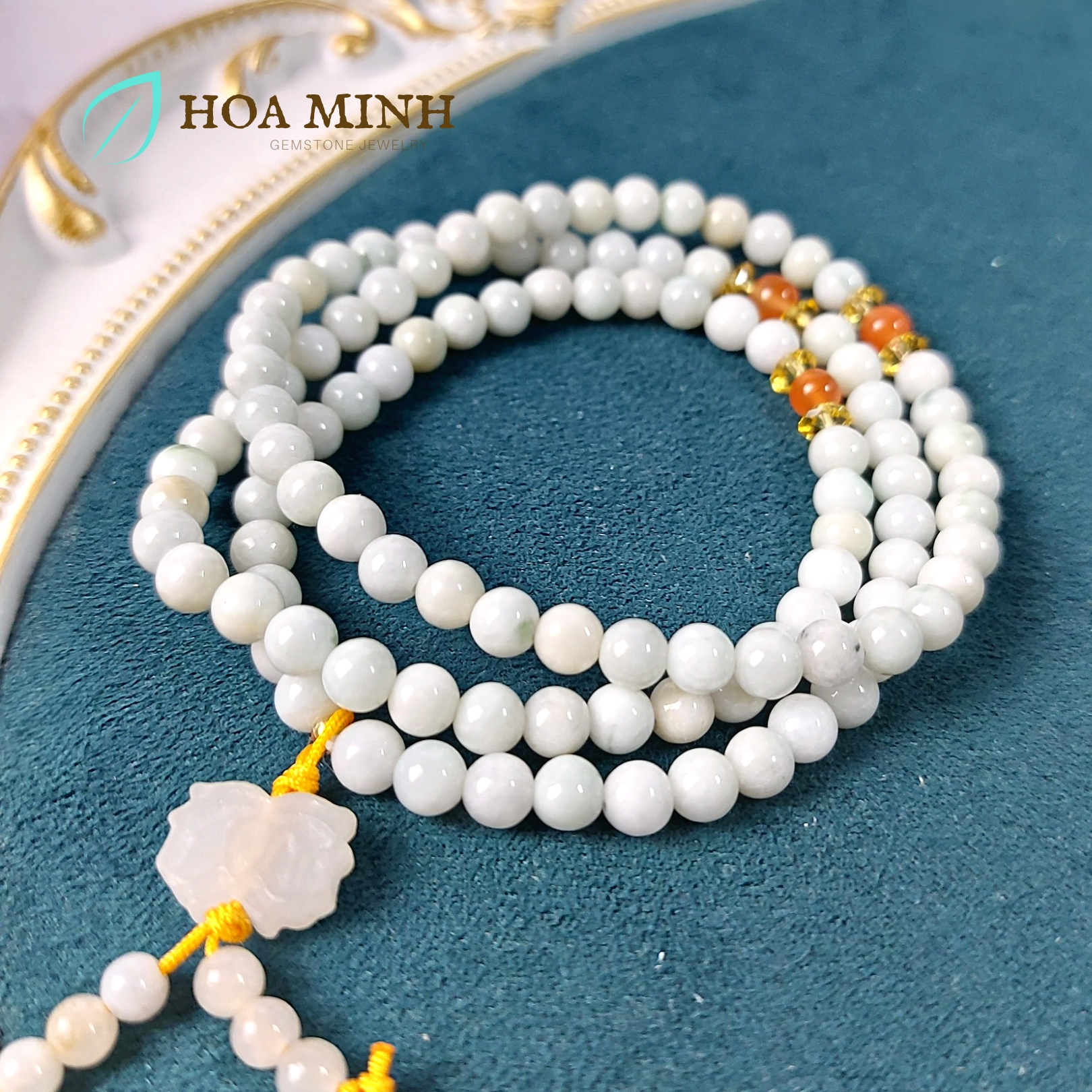Vòng tay chuỗi cẩm thạch bạch ngọc 108 hạt 5.8 li-6 li phối thạch anh vàng cắt giác, đá ngọc nam hồng và charm hoa sen bạch ngọc | hoa minh gem