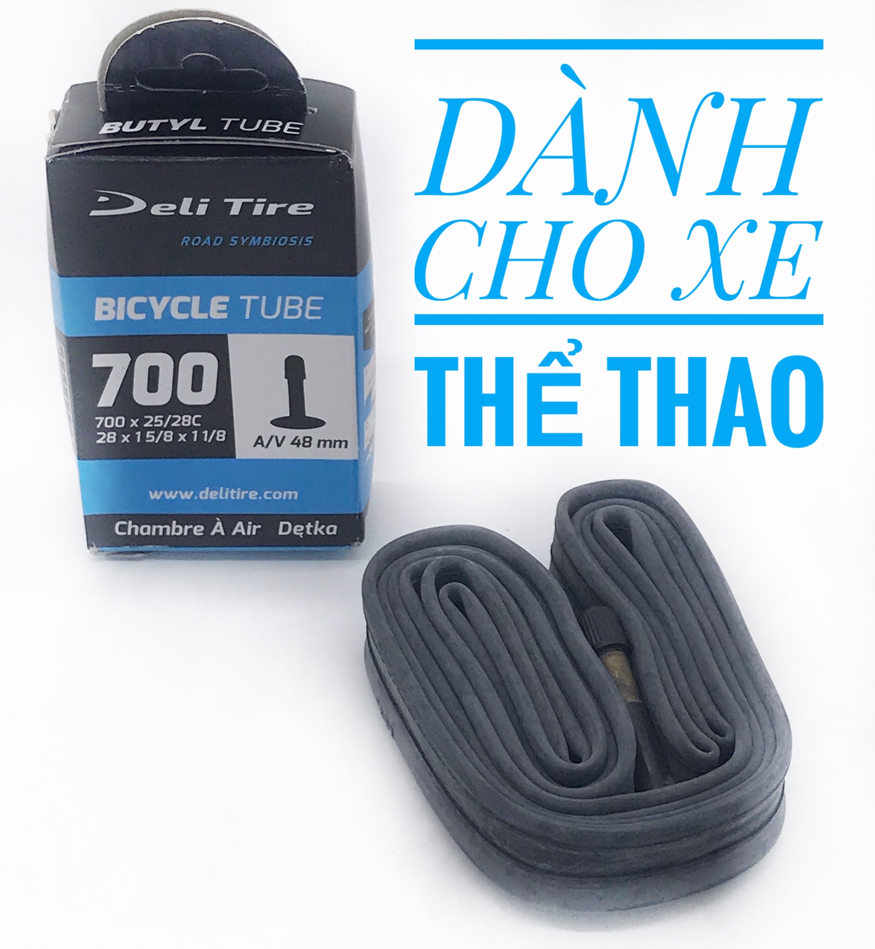 Săm ruột xe đạp thể thao Deli Tire 700X25/28C đầu vòi 48mm, dành cho xe đạp đường trường, xe leo núi, sản xuất tại Indonesia