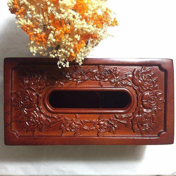 [HCM]Hộp đựng khăn giấy gỗ HƯƠNG đỏ tự nhiên cao cấp mặt đục Hoa Hồng dây