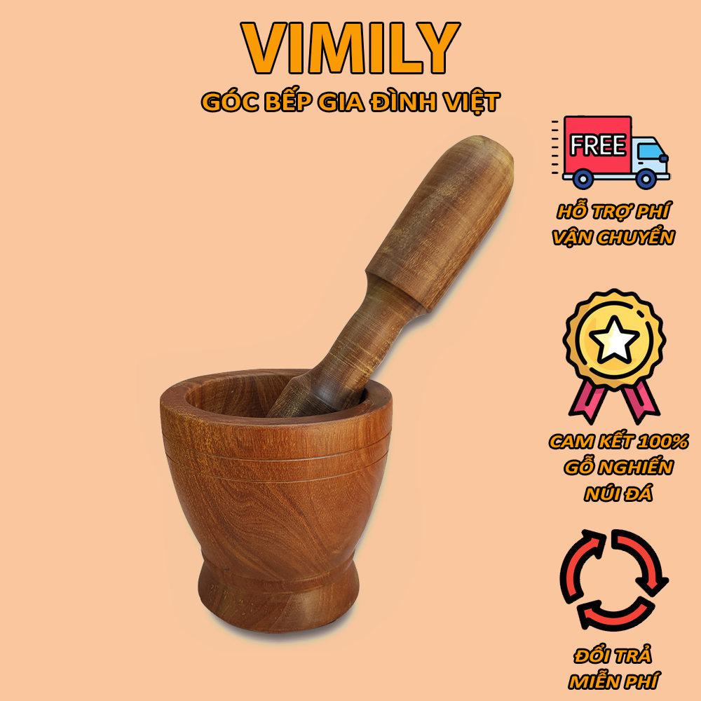 Cối chày gỗ nghiến Tây Bắc núi đá giã thức ăn gia vị VIMILY kích thước 14cm
