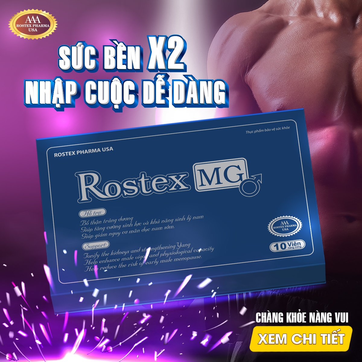 Tăng cường sinh lý nam 1h thảo dược Rostex MG bổ thận, tăng sinh lực, kéo dài thời gian - Hộp 10 viên