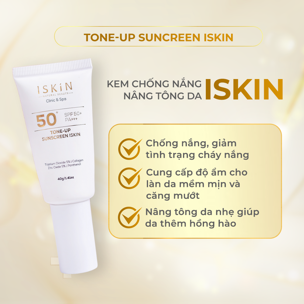 Kem Chống Nắng Dưỡng Trắng Nâng Tone ISkin Tone-Up Sunscreen 40ml SPF50+ PA +++| Trắng Da, Kiềm Dầu, Bảo Vệ Tối Đa, Ngăn Ngừa Lão Hóa, Thoáng Da Mỏng Nhẹ, Phù Hợp Mọi Loại Da, Giúp Da Trắng Sáng Rạng Rỡ