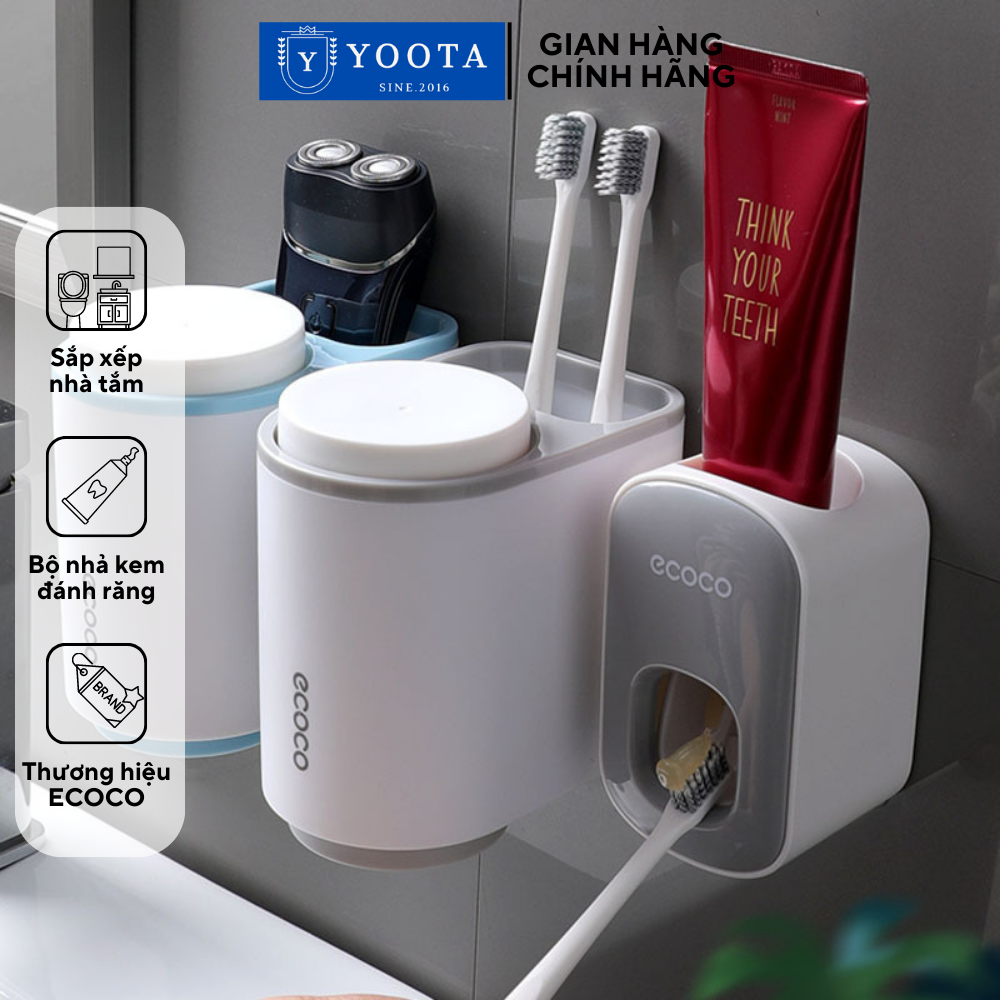 Combo giá để kem đánh răng bàn chải và bộ nhả kem đánh răng tự động ecoco để hút dụng cụ bóp kem đánh răng không đục lỗ gắn tường kệ bàn chải đánh răng phòng tắm