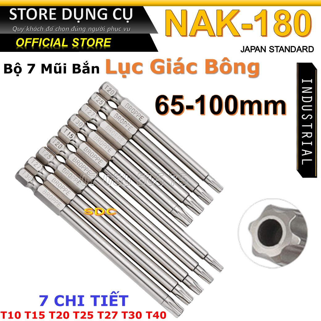 T10-40 bộ 7 mũi vít bắn lục giác bông thép s2 cao cấp nak-180 japan standard | đầu vít lục giác bông 65-100mm