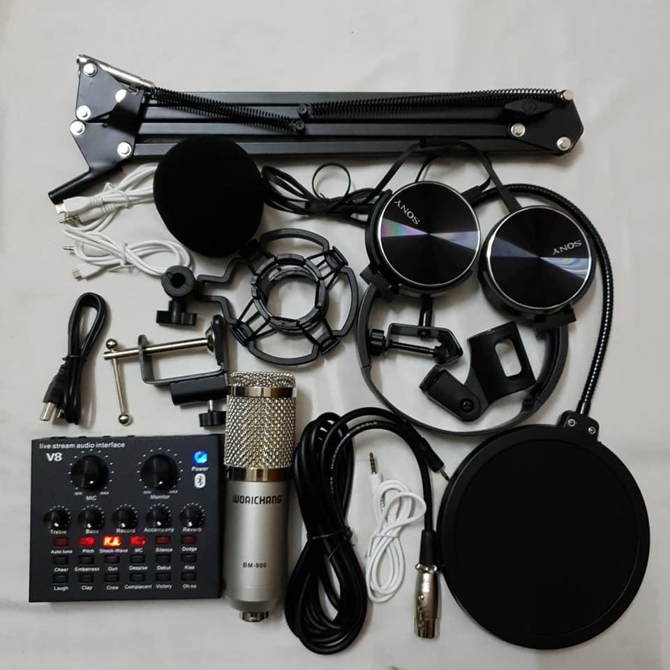 Bộ combo mic livestream hát karaoke card V8 có autotune micro BM900 WOAICHANG  TẶNG tai 450 chân màng BH 6 tháng đổi mới