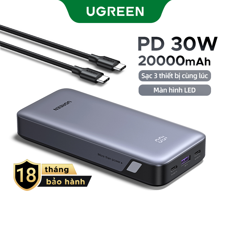 Sạc dự phòng UGREEN 20000mAh Powerbank PD30Wfast charging Powerbank 2C1A Space Gray for iPhone 16 Pro Max iPhone 15 Pro Max iPhone 13 Samsung S23 Ultra Samsung S24 Ultra HUAWEI Model:55989