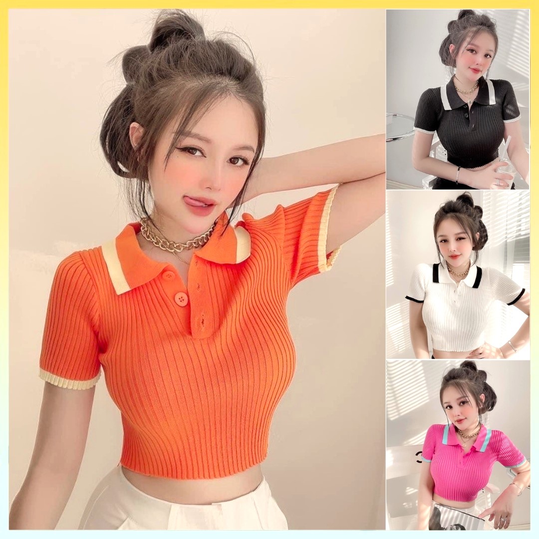 Áo len thun montoghi dệt kim croptop dáng ôm 2 màu cổ bẻ phối viền phối nút xinh xắn - l2m