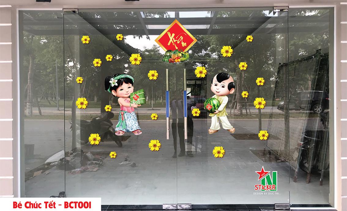Bé chúc tết, decal trang trí tết, tết thuần việt, bé chúc tết 2022, hoa mai trang trí tết dùng để trang trí cửa hàng, công ty, nhà cửa trong những ngày tết
