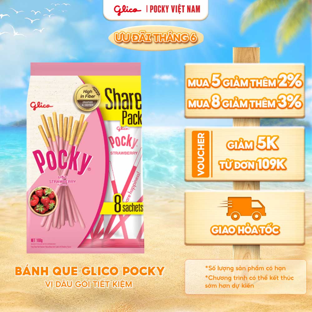 Gói lớn tiết kiệm - Bánh Que Glico Pocky Vị Kem Dâu (168g/Túi 8 gói)