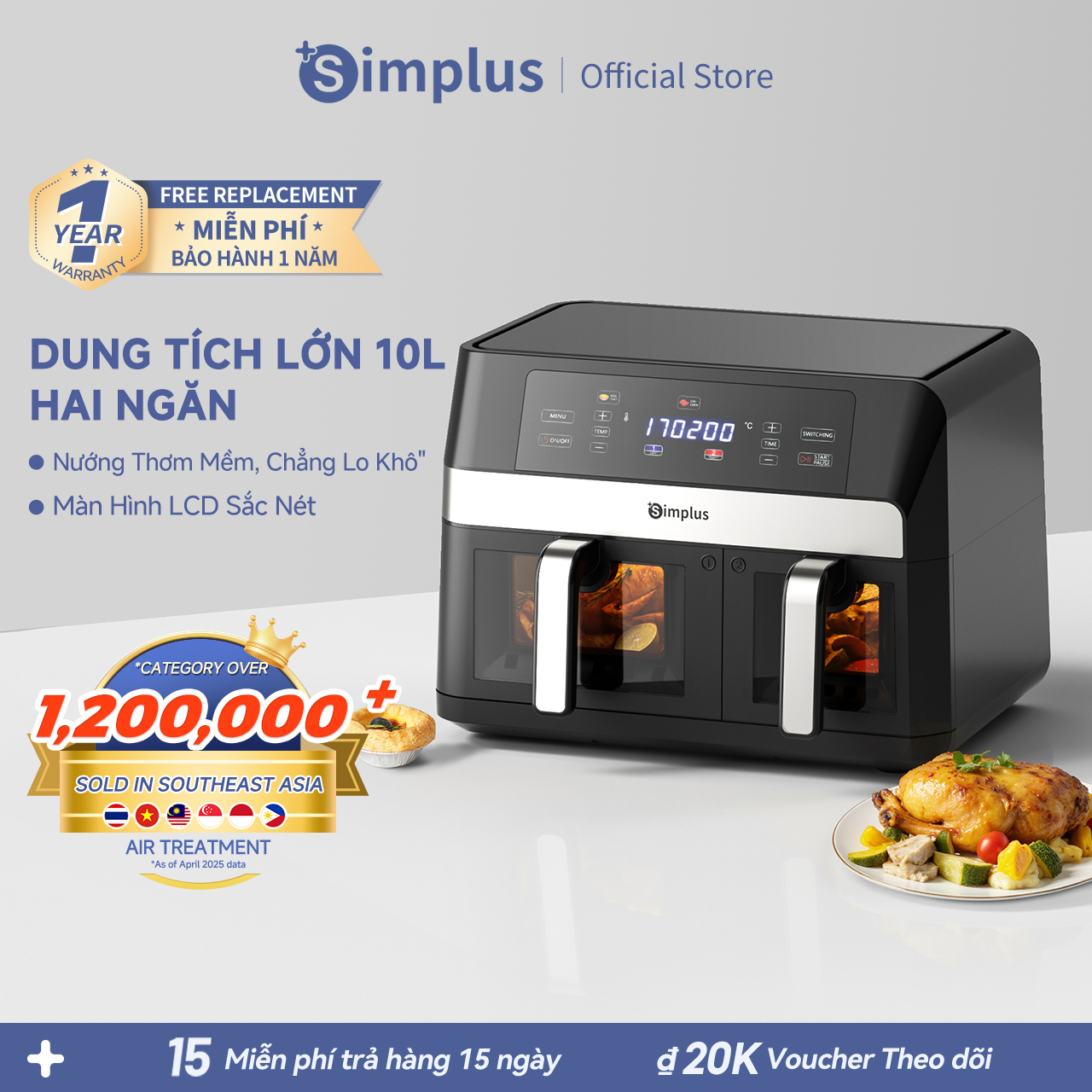 Simplus Nồi Chiên Không Dầu Hai Ngăn Dung Tích Lớn 10LMàn Hình LCD Menu 11 Món Cài Sẵn Cửa Sổ Trong Suốt KQZG020