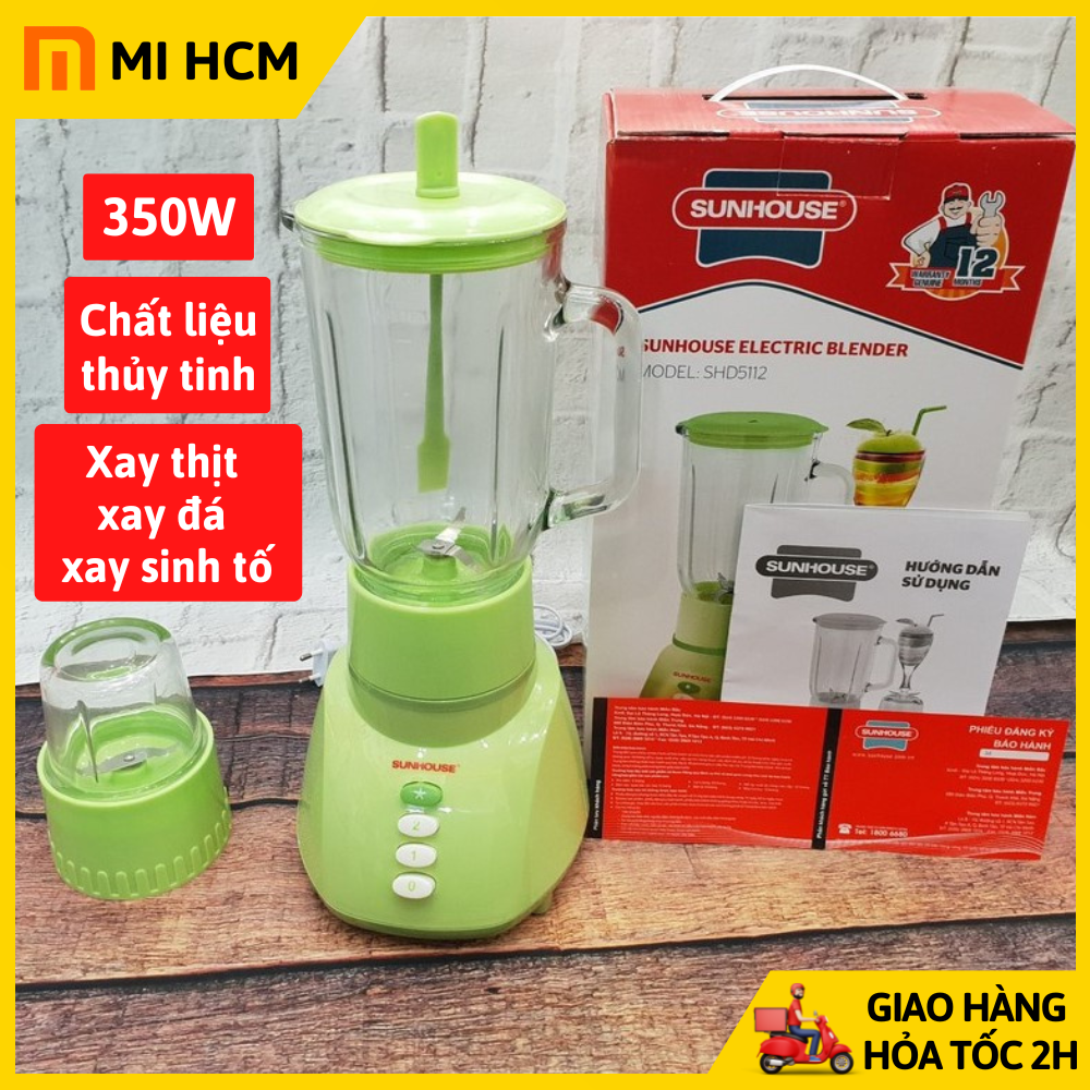 Máy xay sinh tố sunhouse shd-5112, công suất lớn 350w xay đá, thịt, rau củ quả, thực phẩm khô, 2 cối thủy tinh chịu lực, máy xay thịt sunhouse shd5112, máy xay đá sunhouse shd-5112, 2 tốc độ, 1 chế độ nhồi, hàng chính hãng