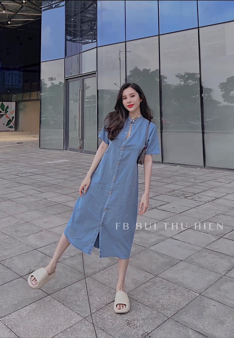 Váy jean tay ngắn cổ trụ @Tâm phát 123 .váy bò cổ trụ dáng dài tay cộc