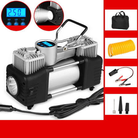 Máy bơm ô tô mini 12V 2 xylanh - Bơm lốp ô tô điện tử cài đặt áp suất lốp tự ngắt thông minh, bơm lốp xe hơi bơm xe ô tô cao cấp mã lực lớn, siêu khỏe, siêu nhanh bơm được bánh xe ô tô con bán tải xe tải nhỏ xe khách BH 6 tháng