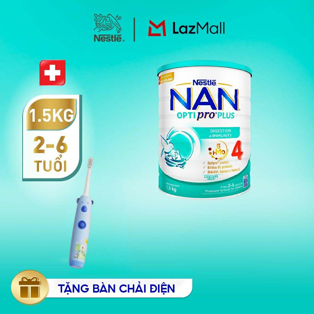 [Tặng bàn chải điện] Sữa bột Nestlé NAN OPTIPRO PLUS 4 1500g/lon với 5HMO Giúp tiêu hóa tốt