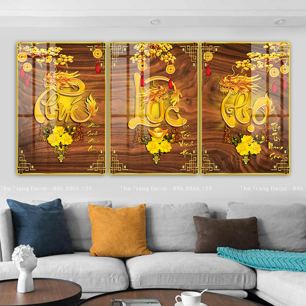 Bộ 3 Tranh Tráng Gương Treo Tường Chữ Thư Pháp - Phúc Lộc Thọ In UV 5D Cao Cấp
