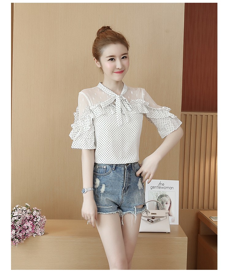 Sơ mi chấm bi cổ nơ phối lưới - sm050