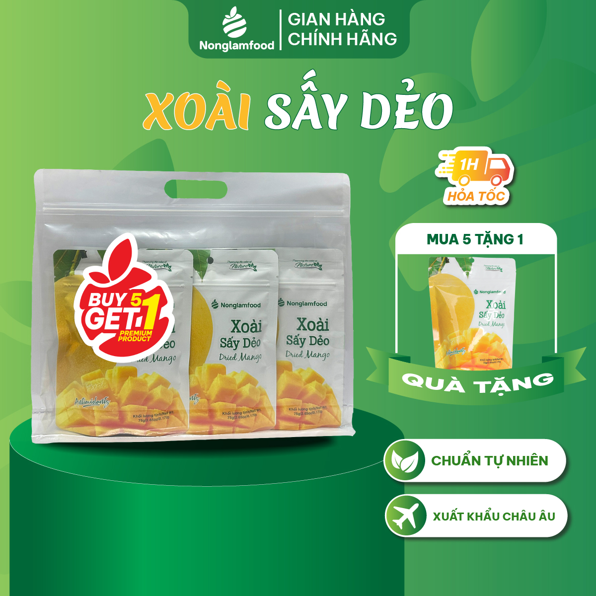 [Mua 5 tặng 1] Combo 5 túi xoài sấy dẻo Nonglamfood 75g | Ngon chuẩn dưỡng chất | Giàu vitamin, chất xơ