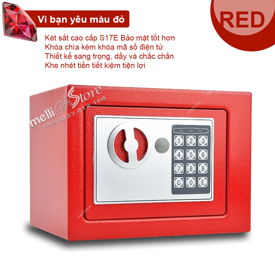 Két sắt mini cao cấp 17e màu đỏ, khóa điện tử và khóa chìa, két sắt bảo mật, mã khóa từ 3 - 8 số, có bảo hành
