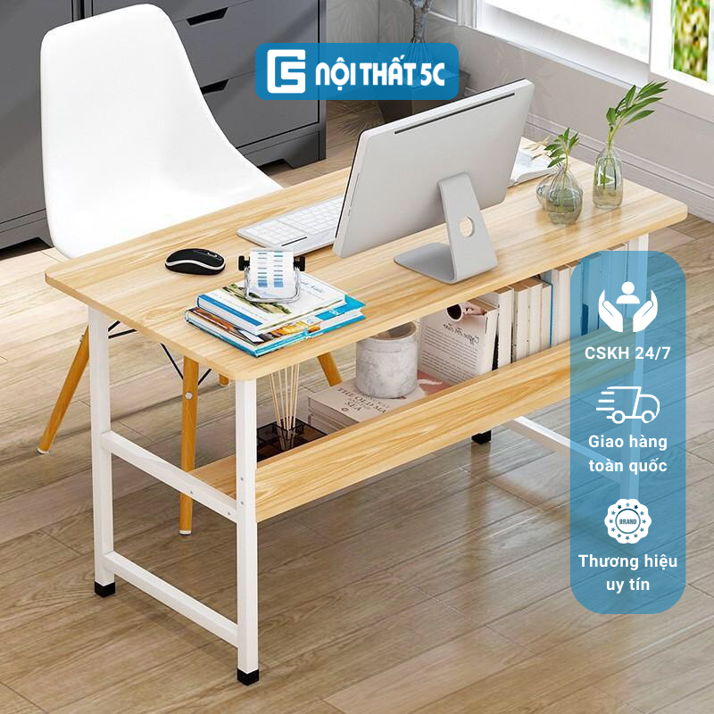 Bàn làm việc có kệ lửng chân sắt sơn tĩnh điện, bàn học kèm kệ sách lắp ráp dễ dàng nhiều màu