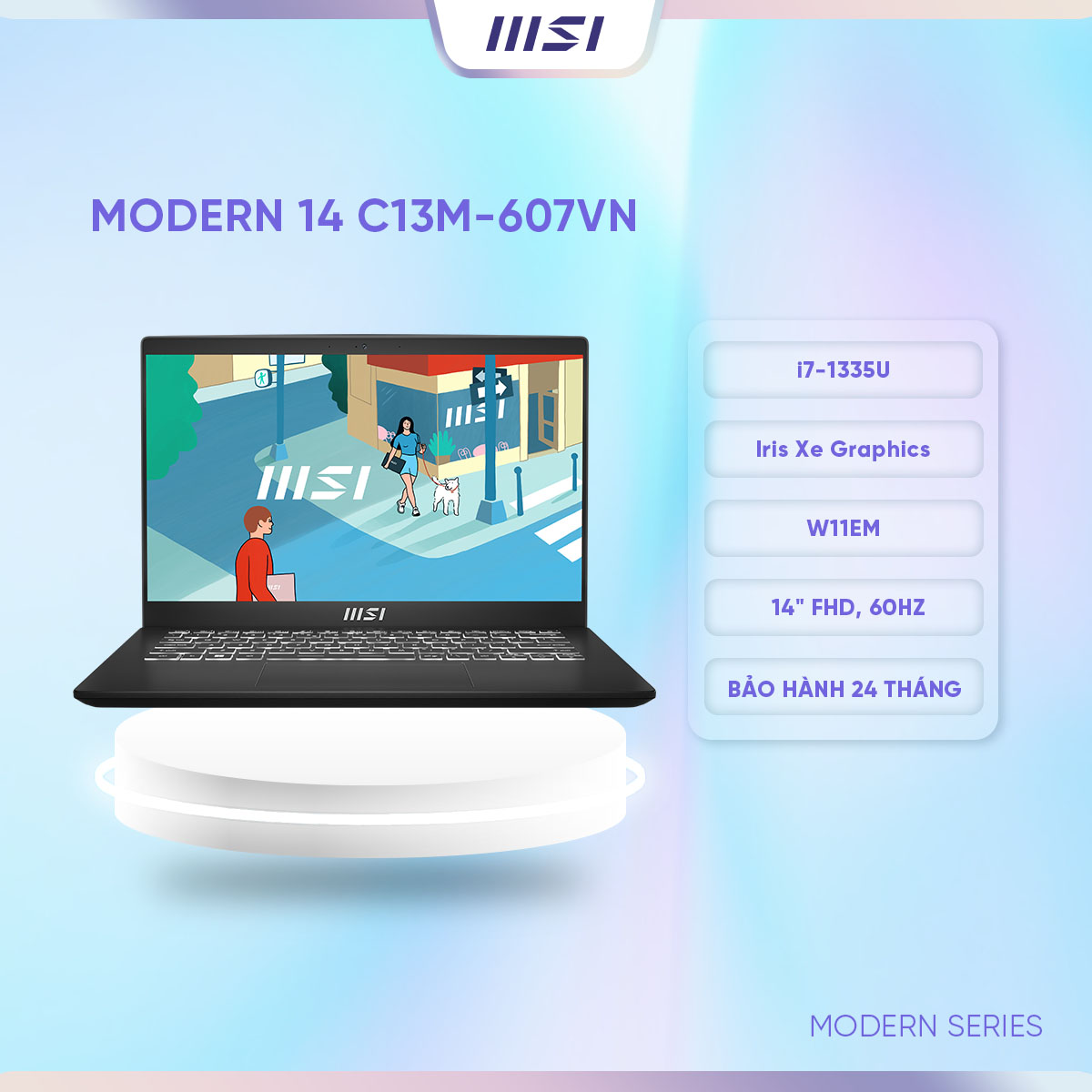 Msi laptop văn phòng modern 14 c13m-607vn|intel i7-1335u|iris xe|ddr4 16gb|512gb ssd|14" fhd,60hz