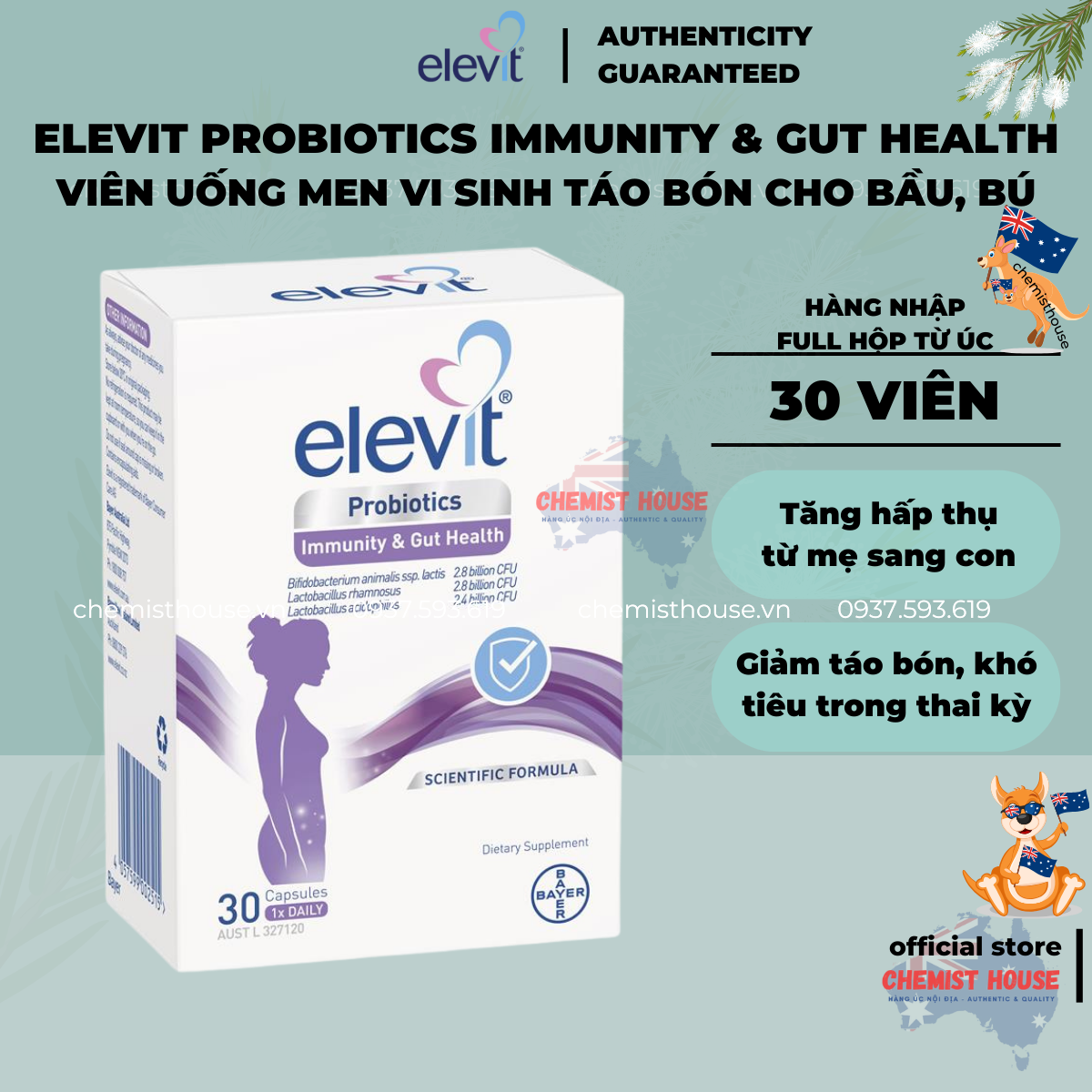 Men vi sinh Probiotics Elevit cho bầu và cho con bú 30 VIÊN - Hàng chính hãng Úc có bill