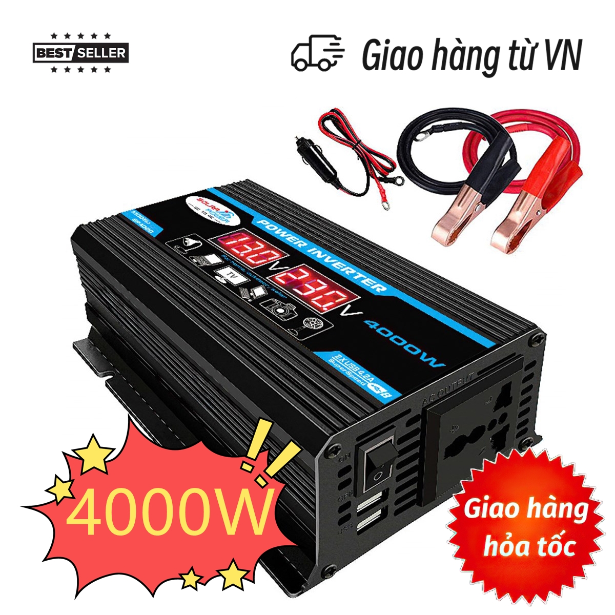 Bộ chuyển đổi điện 12v sang 220v 4000w , bộ đổi điện 12v sang 220v,đổi bình ác 220v , cổng usb kép cho xe hơi
