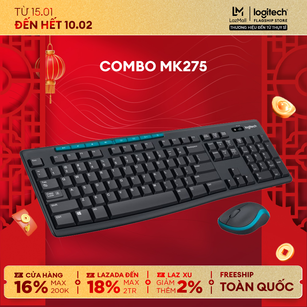  Combo chuột phím không dây Logitech MK275 - Phím media và viền chuột có màu xanh nổi bật 1 đầu thu USB pin lâu vượt trội 