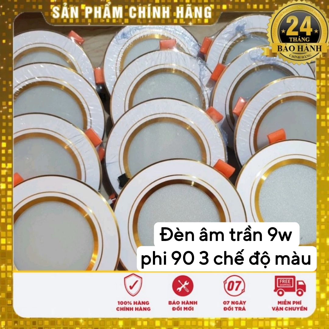 Combo 10 5 đèn led âm trần 9w 3 chế độ màu nguồn liền thế hệ mới đế đúc nhôm viền vàng viền bạc