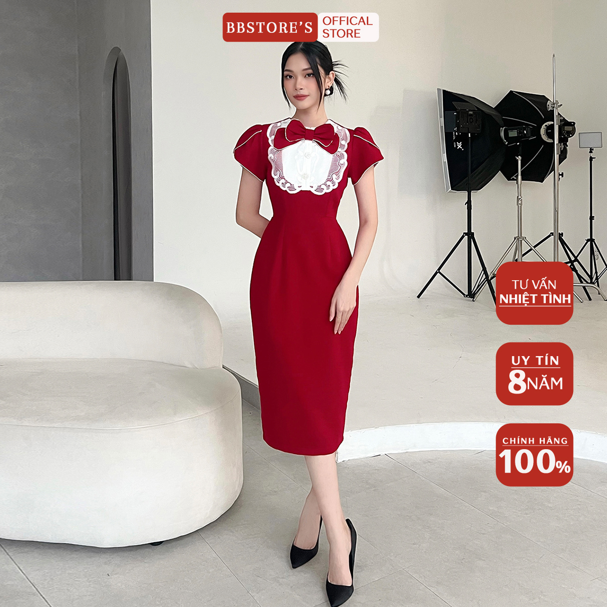 Bbstore's đầm body dự tiệc phối ren kèm nơ trước ngực -d1426