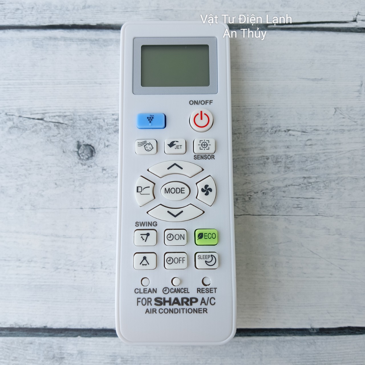 Remote máy lạnh SHARP INVER chiếc lá nút nguồn đỏ có nút ion màu xanh dương nhạt