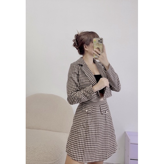 Set dạ bố caro vest croptop 2 món