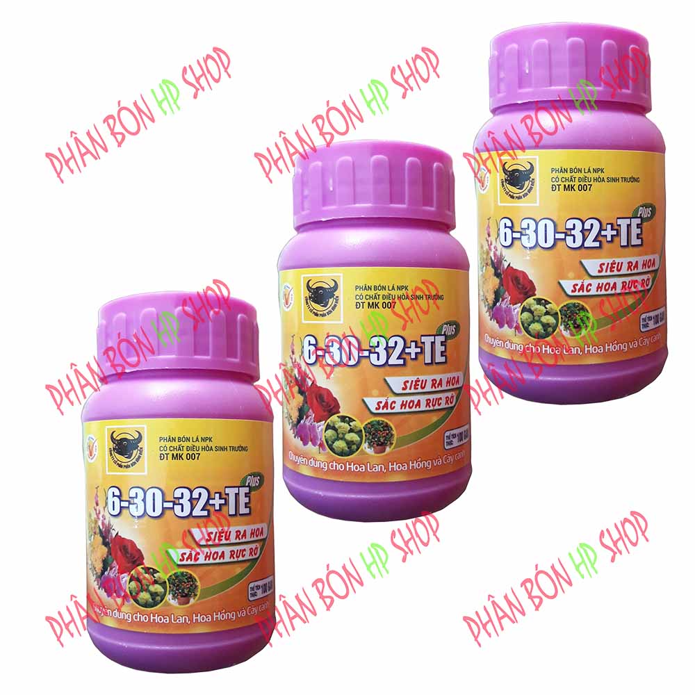 Combo 3 Hũ Phân Bón Lá Đầu Trâu NPK Siêu Ra Hoa - Sắc Hoa Rực Rỡ 6-30-32+TE (Chai 100gam) Chỉ sử dụng cho cây trồng * Tránh Phun khi trời nắng gắt