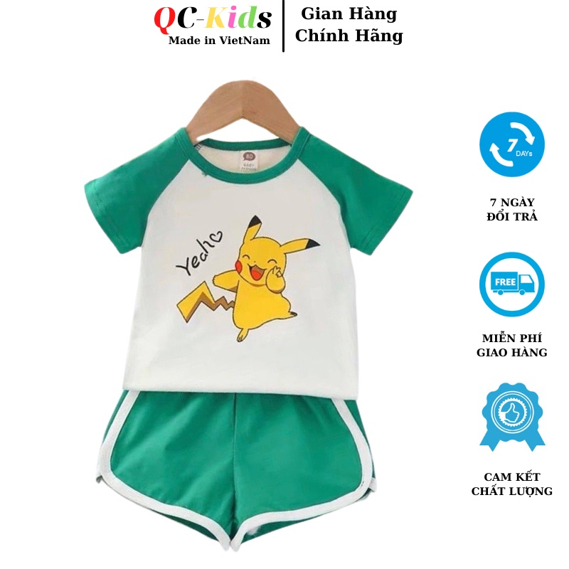 Bộ quần áo cộc tay trẻ em chất cotton in hình pikachu cho bé trai và gái 8-18kg