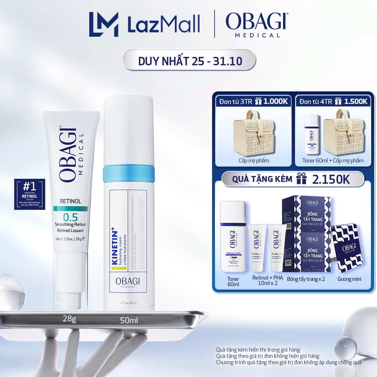 Bộ đôi Kem chống lão hóa Obagi 360 Retinol 0.5 28g và Kem dưỡng phục hồi làm dịu da Obagi Clinical Kinetin+ Hydrating Cream 50ml
